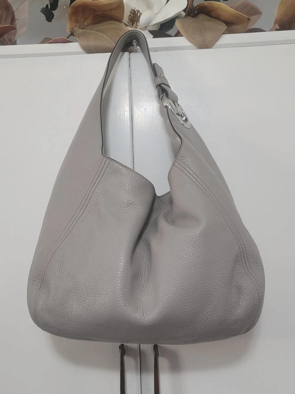 Michael Kors Pebbled Leather Hobo Bag in Light Gray with Silver MK Charm